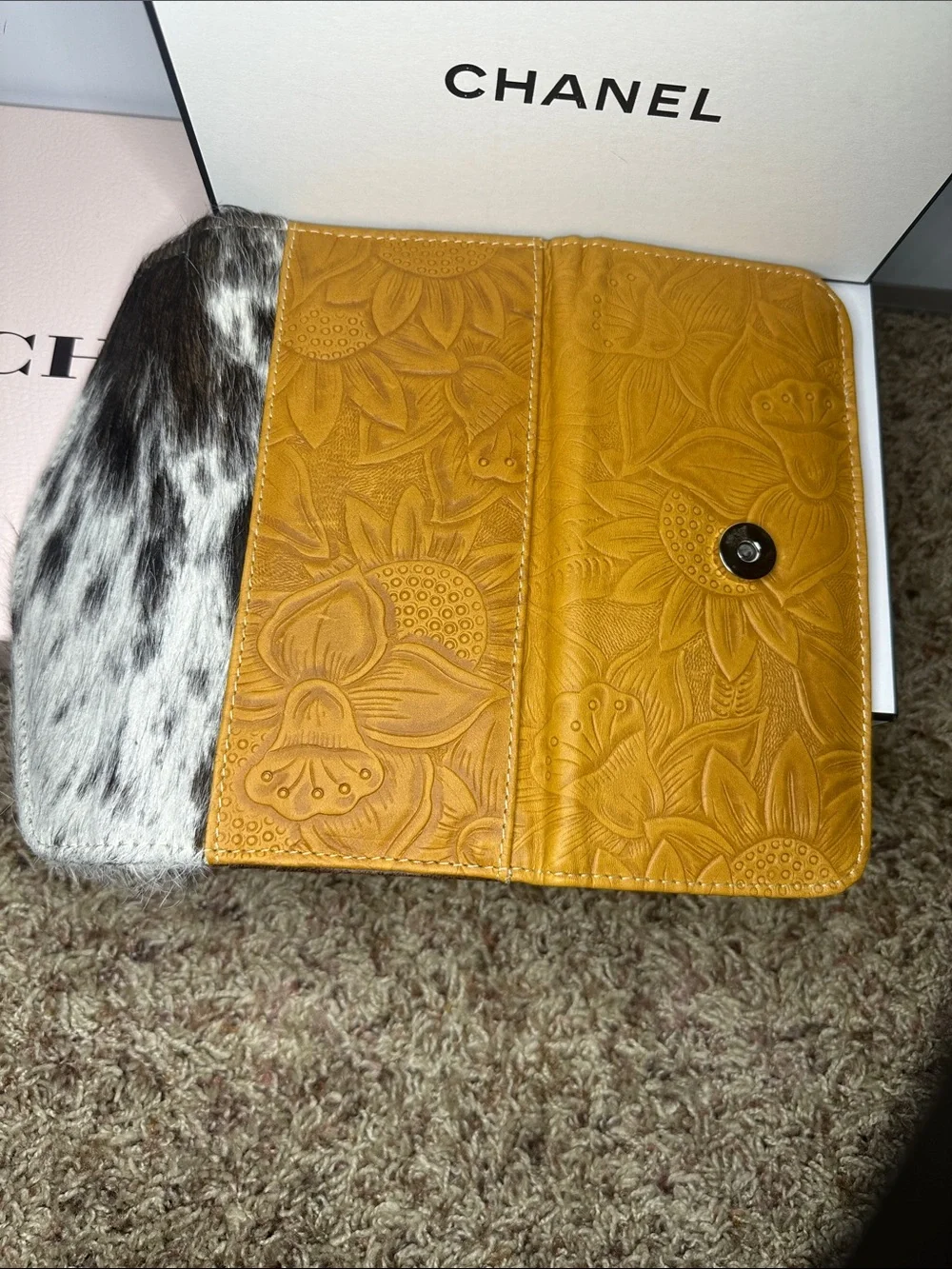 Mustard Yellow Floral Wallet with Black & White Haircalf Flap